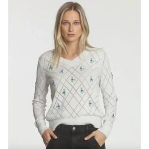 Label + Thread Lily Vee Diamond V-Neck Snow Blue Flower Sweater Small